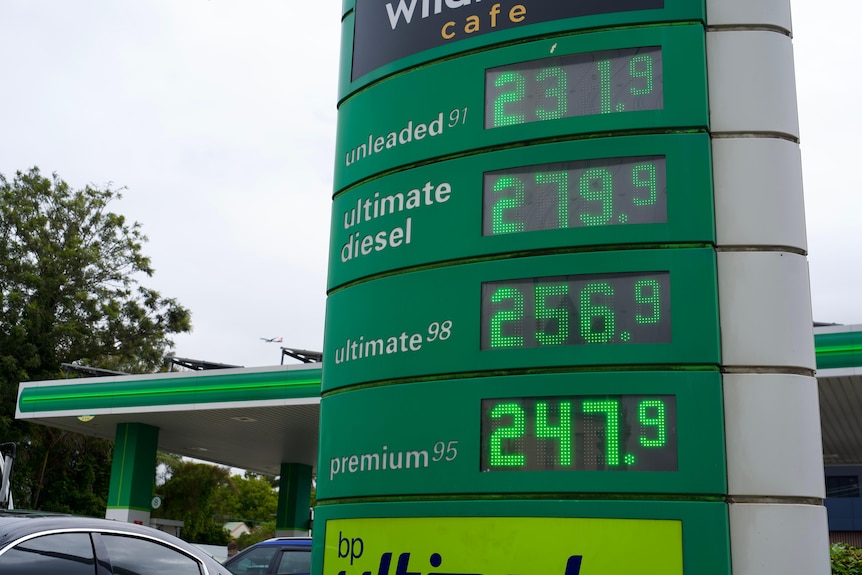 Prices at the BP petrol station sign