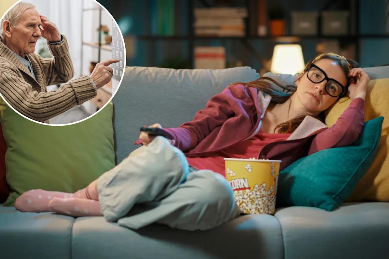 A photo collage containing 2 images, Image 1 shows a woman lying on a sofa with a glass of popcorn and a remote control, looking bored while watching TV, Image 2 shows an elderly man touching his head in frustration while pointing at a wall calendar, possibly indicating memory loss or cognitive impairment