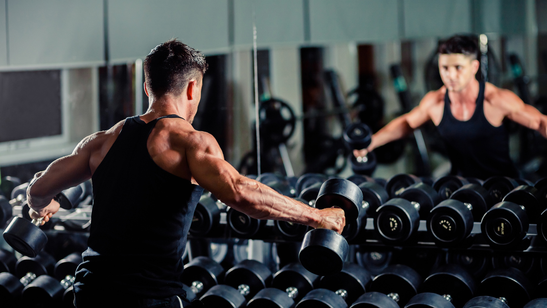 Athletic man working out in the gym with dumbbells
