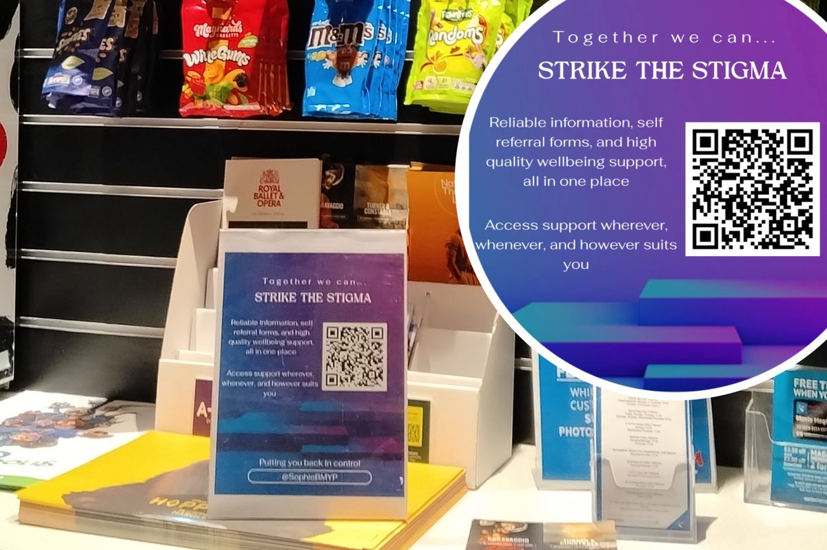 A QR code (inset) linking to Sophie Bloomfield's website is being screened at the Regent Cinema