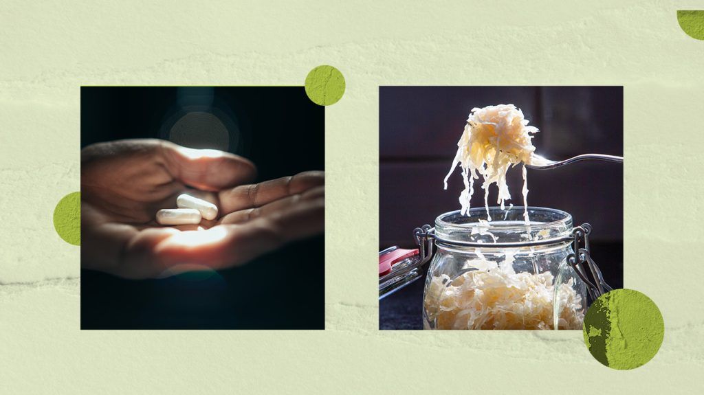 A collage of probiotic supplements and a jar of sauerkraut