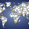 Pills, capsules and tablets forming a world map, as a symbol for global medicine issues. Vector illustration.