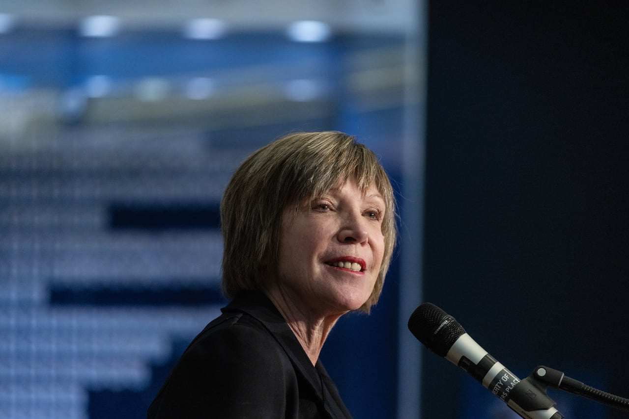 Member of Parliament Eleanor Olszewski during the announcement of the 2028 World Cup of Hockey to be hosted in Edmonton, Alberta on Monday March 16, 2026. The Canadian Press / Jason Franson