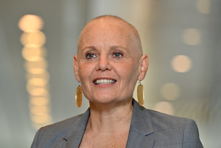 Peta Murphy at a press conference at Parliament House in Canberra in 2023.